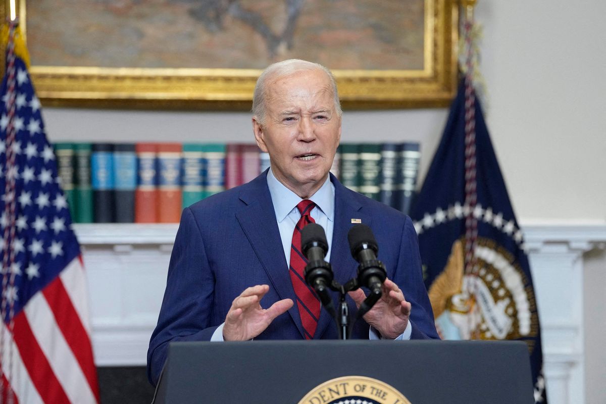 Above: President Joe Biden makes a statement on campus unrest Thursday from the Roosevelt Room of the White House in Washington, D.C. Left: A pro-Palestinian protester clashes with a pro-Israeli supporter at an encampment at UCLA in Los Angeles on May 1.  (Chris Kleponis/Pool via CNP/Abaca Press/TNS)