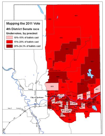 Map of the undervotes in the 4th District Senate race. (Jim Camden)