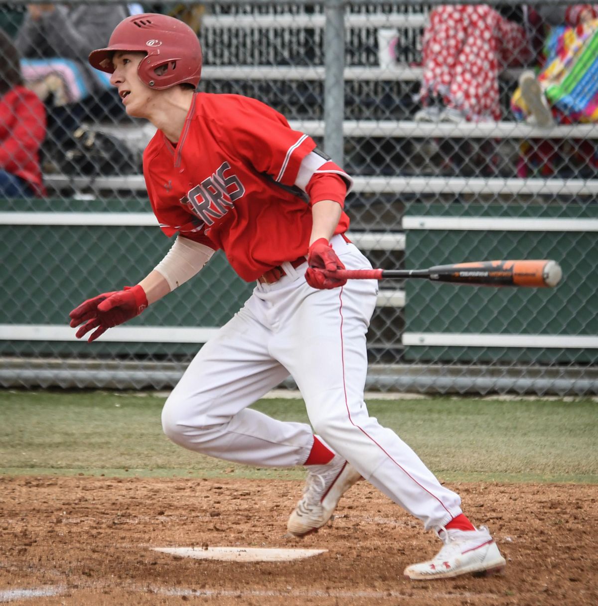 Ferris senior pitcher Brock Bozett hits a single against Gonzaga Prep on Friday, March 29, 2019. Bozett finished with three hits, including a double, and pitched the Saxons to a 12-7 win. (Dan Pelle / The Spokesman-Review)