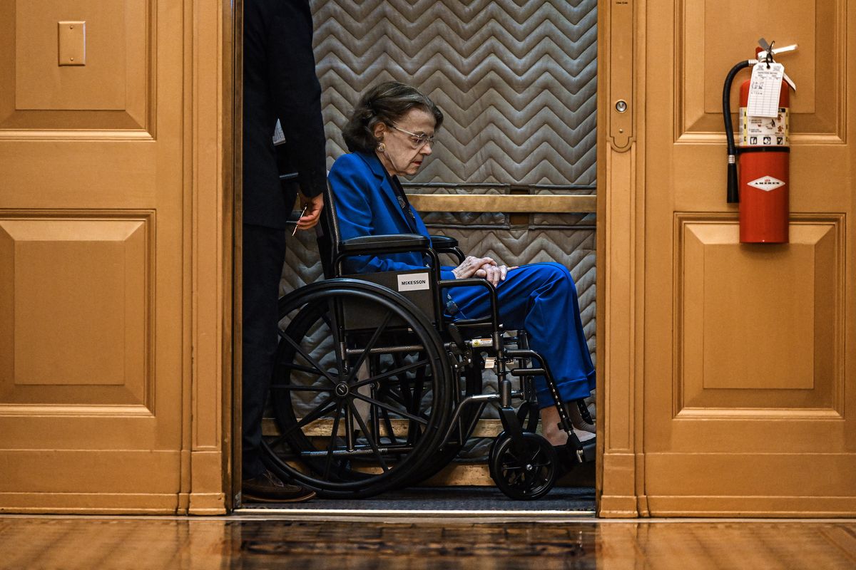 FILE -- Sen. Dianne Feinstein (D-Calif.) in an elevator at the U.S. Capitol in Washington on July 11, 2023. Feinstein, the grande dame of California Democrats who became the mayor of San Francisco after a horrific double assassination at City Hall in 1978 and then gained national stature as an influential voice in the U.S. Senate for more than 30 years, died Thursday night, Sept. 28, 2023, according to family members. She was 90 and the Senate