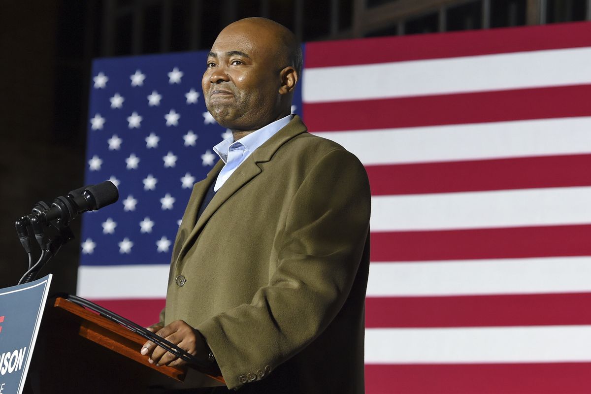 Democratic Senate candidate Jaime Harrison speaks at a watch party in Columbia, S.C., after losing the Senate race Nov. 3, 2020. Harrison was Biden