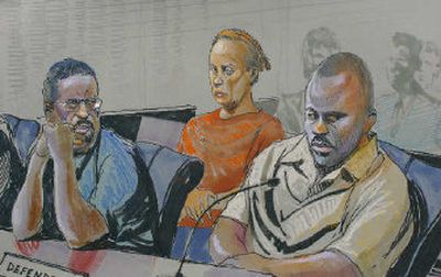 
In this artist's rendering, Edmund Duhaney, left, Joya Williams, center, Ibrahim Dimson make their initial court appearance, Thursday in Atlanta. 
 (Associated Press / The Spokesman-Review)