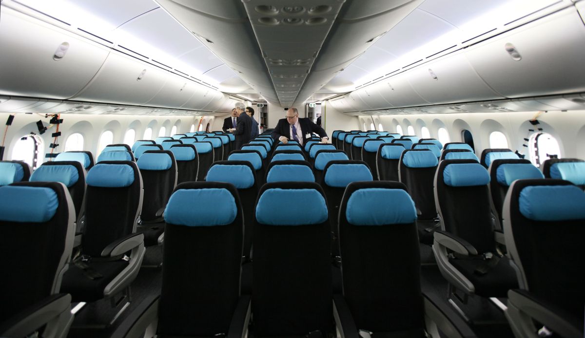 Seats are in place in the passenger cabin of the first Boeing 787 with the interior installed at the production plant in Everett on Wednesday, Feb. 3, 2010. The plane, the third 787 to be built, is among six planes Boeing is using in its flight test program this year.  (Elaine Thompson / Associated Press)