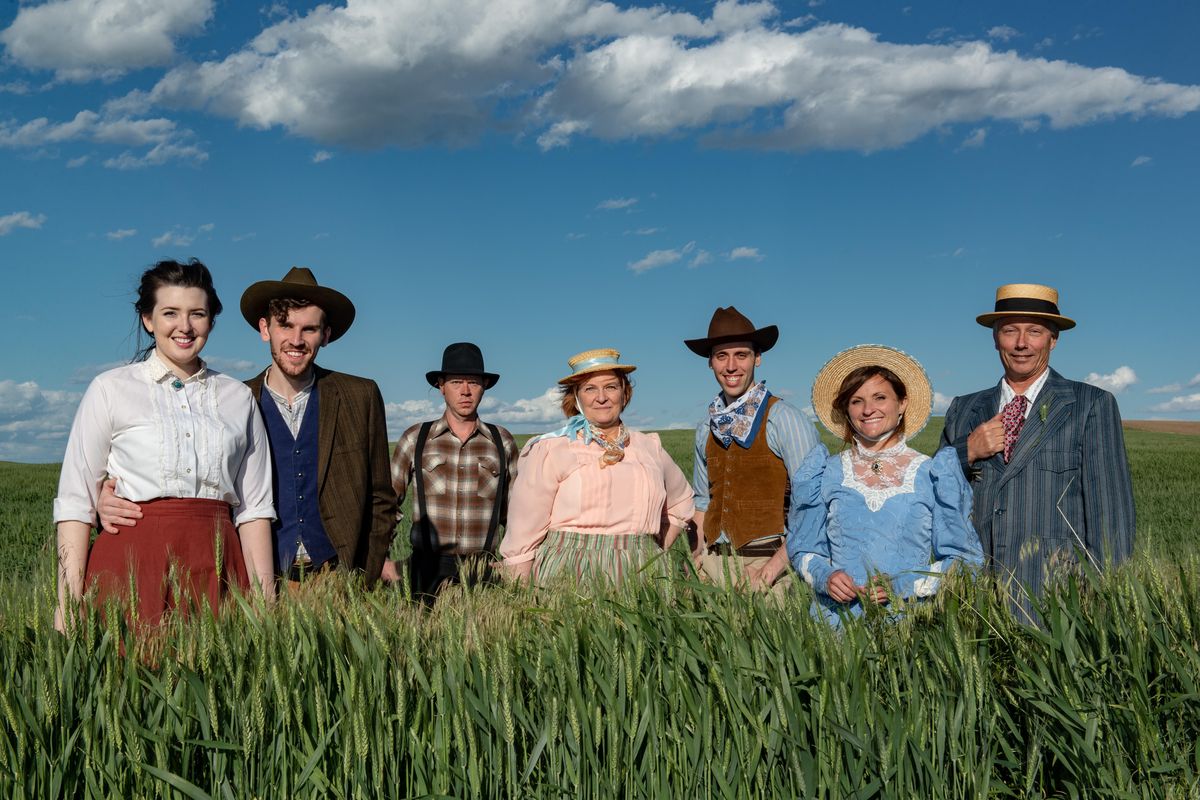 Jayce Fortin as Laurey, Nathan Robert Pecchia as Curly, Adam Cogswell as Jud Fry, Karen Brewster as Aunt Eller, Ellington Berg as Will Parker, Lanica Hodge as Ado Annie and Tony Caprile as Ali Hakim in Wheatland Theatre Company’s production of “Oklahoma!” (Zach Edwards)