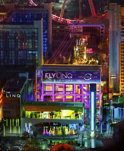 This undated rendering provided by Caesars Entertainment depicts a 1,050-foot-long zip-line that the casino operator will build above its outdoor promenade that’s anchored by the Linq hotel-casino in Las Vegas. (Associated Press)