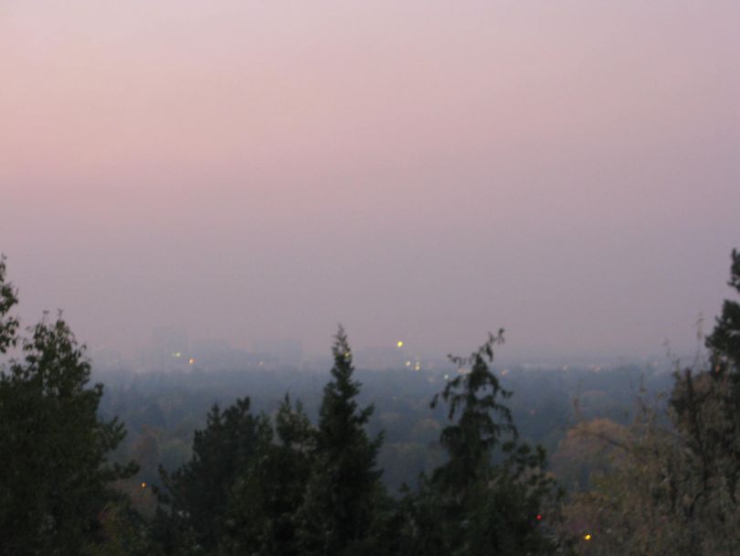 Downtown Boise's skyline disappears into a haze of smoke early Monday morning (Betsy Z. Russell)