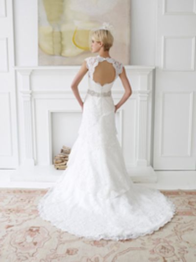 Organza  trumpet gown with lace layers and cutout back Val Stefani