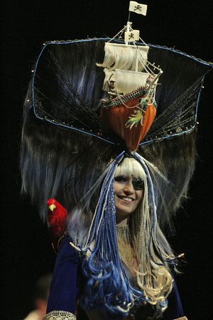Model Portia R. DeCordova shows off her hair design by Ben DeCordova of Salon DeCordova in Tampa Bay, Fla., during the International Fantasy Hair & Modeling Competition at the Verizon Wireless Arena in Manchester, N.H., Thursday, April 22, 2010. (Jim Cole / Associated Press)