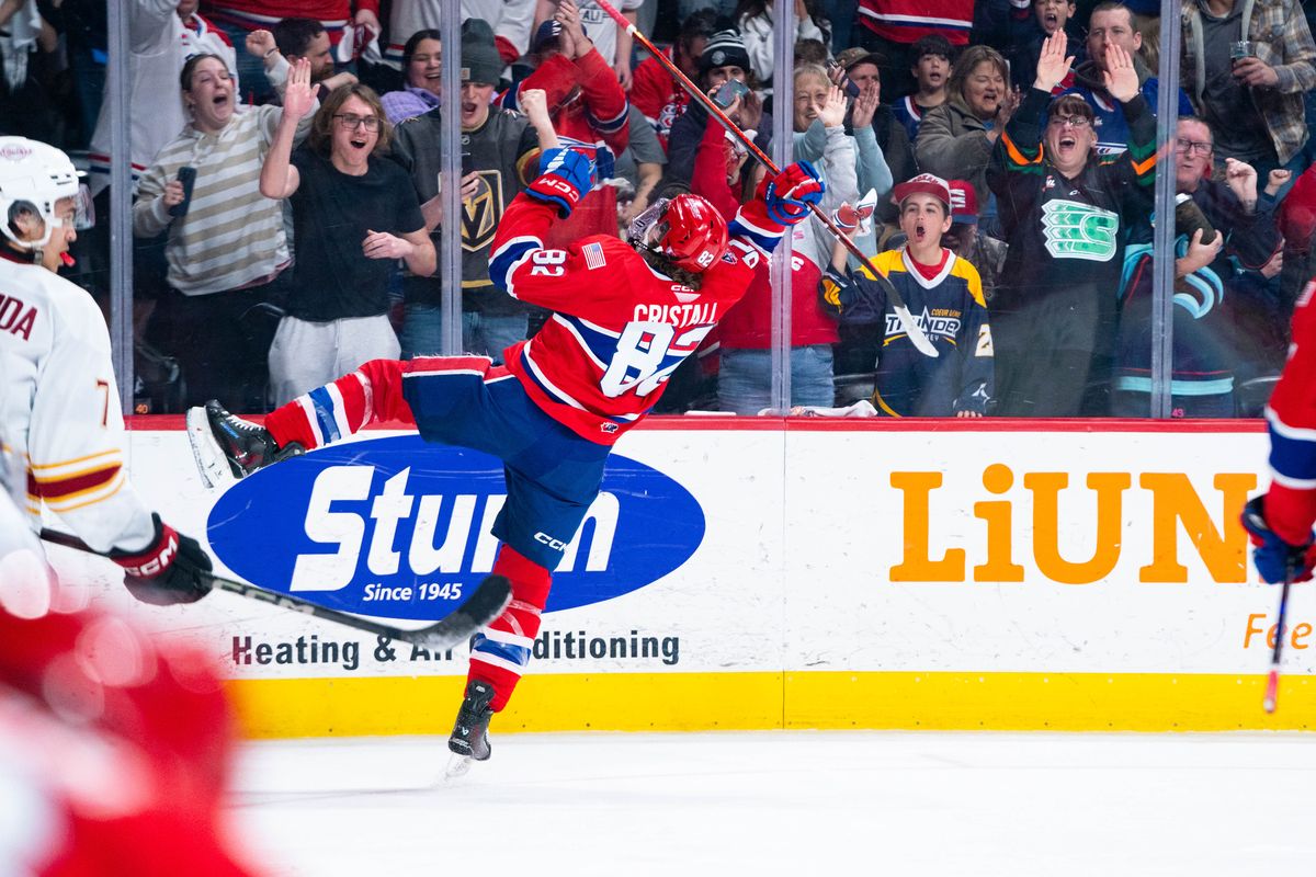 Spokane Chiefs forward Andrew Cristall celebrates his second goal of the game against the Vancouver Giants on April 3, 2025 at the Arena.   (Larry Brunt)