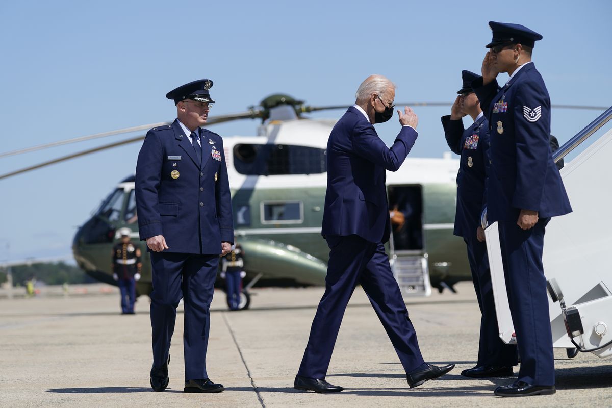 President Joe Biden returns a salute as he walks to board Air Force One to travel to Louisiana to view damage caused by Hurricane Ida, Friday, Sept. 3, 2021, in Andrews Air Force Base, Md.  (Evan Vucci)