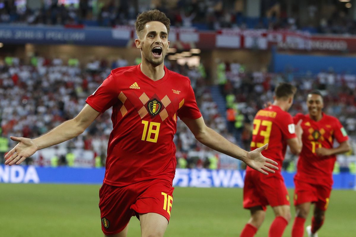 Belgium’s Adnan Januzaj celebrates after scoring the opening goal during the Group G match between England and Belgium at the 2018 soccer World Cup in the Kaliningrad Stadium in Kaliningrad, Russia, Thursday, June 28, 2018. (Alastair Grant / Associated Press)