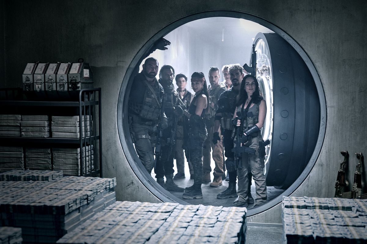 From left: Dave Bautista, Omari Hardwick, Tig Notaro, Samantha Win, Colin Jones, Matthias Schweighöfer, Raúl Castillo and Ana de la Reguera in “Army of the Dead.”  (Clay Enos/Netfllix)