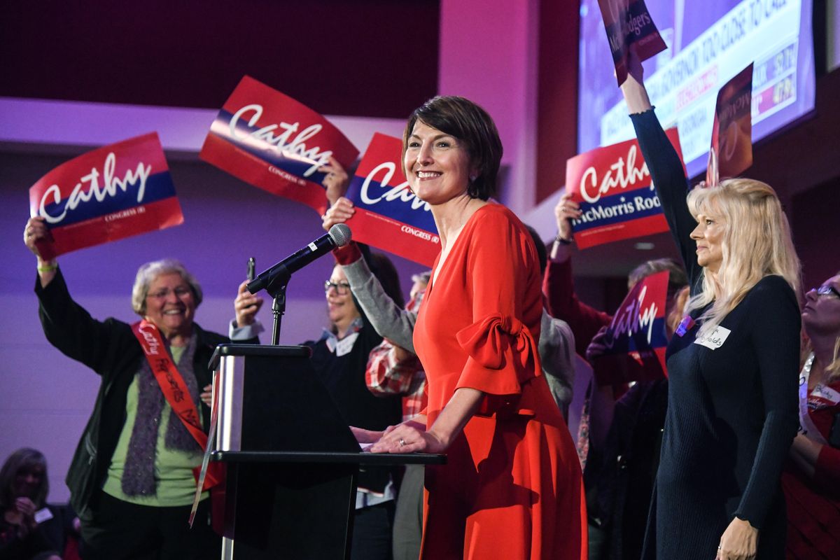 U. S Representative Cathy McMorris Rodgers takes the stage at the Davenport Grand Hotel after defeating Lisa Brown in the 5th District race, Tuesday, Nov. 6, 2018. Dan Pelle/THE SPOKESMAN-REVIEW (Dan Pelle / The Spokesman-Review)