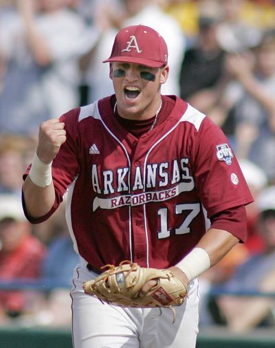 Arkansas’ Andy Wilkins celebrates after a big day at the plate helped the Razorbacks beat No. 2 seed Cal State Fullerton.  (Associated Press / The Spokesman-Review)