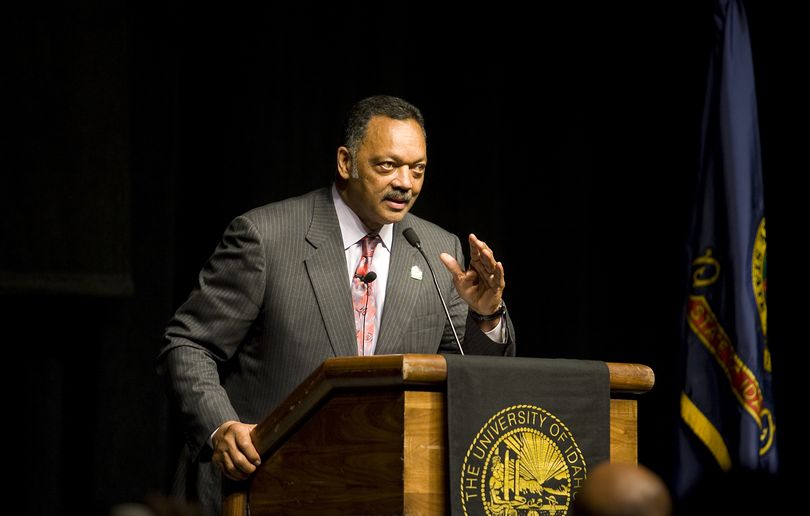 The Rev. Jesse Jackson addresses thousands Monday night at UI. (KEVIN QUINN)