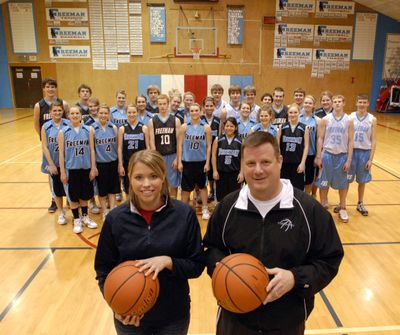 Ashlee Taylor, left, and Bill Bland are first-year girls and boys basketball coaches at Freeman High School.  (J. BART RAYNIAK / The Spokesman-Review)