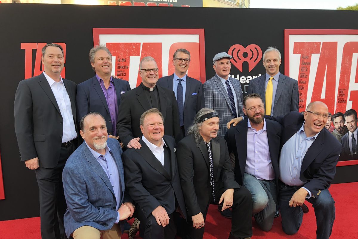 The 10 Gonzaga Prep tag players pose on the red carpet of the premiere of “Tag,” a comedic film based on their friendship. (Carolyn Lamberson / Carolyn Lamberson/The Spokesman-Review)