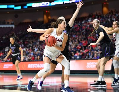 Gonzaga Bulldogs forward Jenn Wirth (3) drives to the hoop against the Portland Pilots during the first half of a West Coast Conference semifinal basketball game on Monday, March 9, 2020, at The Orleans in Las Vegas, Nev.  (TYLER TJOMSLAND)