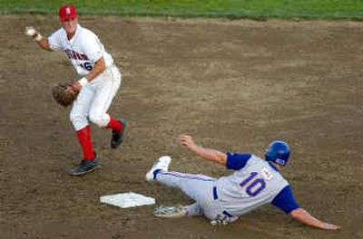 
Spokane Indians second baseman Bobby LeNoir forces Vancouver's Landon Powell but fails to get the double play in the Canadians' four-run fourth inning.
 (Colin Mulvany / The Spokesman-Review)