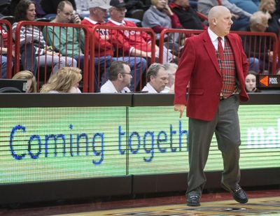 Eastern Washington University basketball coach Jim Hayford roams the sidelines during the Idaho State game last weekend. (Dan Pelle / The Spokesman-Review)