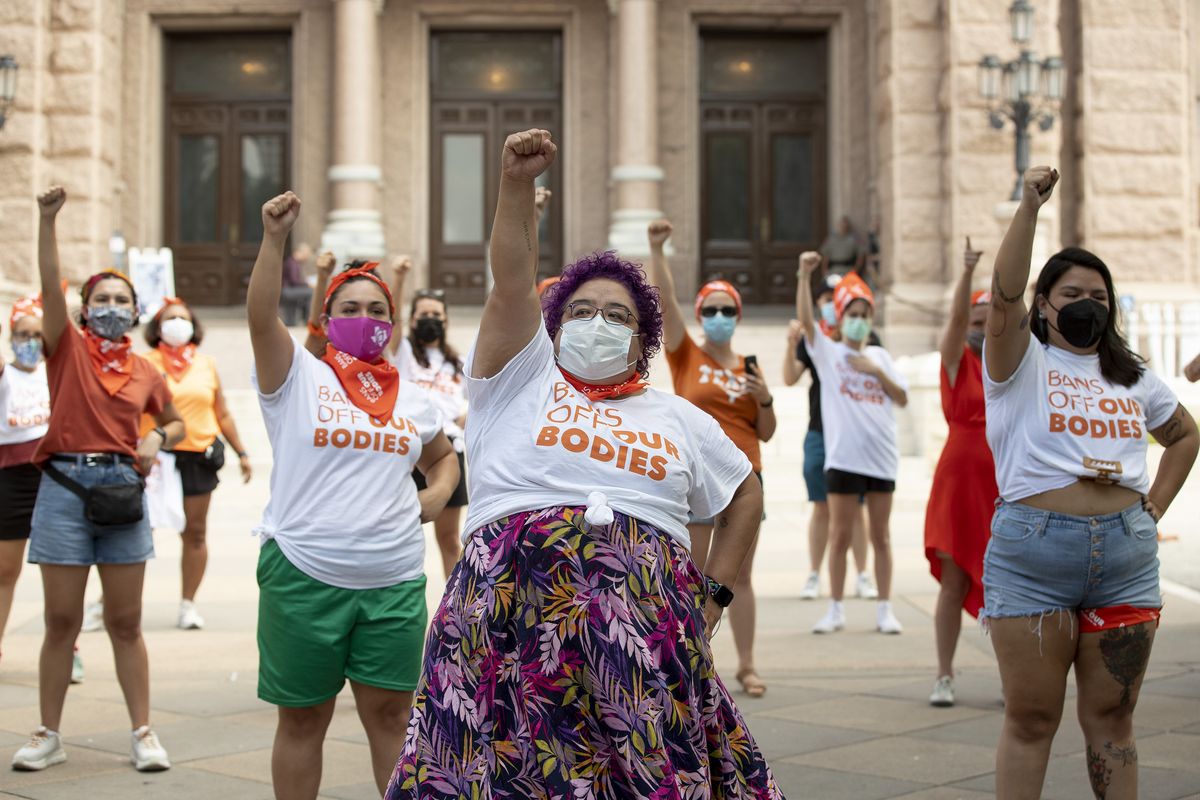 Barbie H. leads a protest against the six-week abortion ban at the Capitol on Aug. 1 in Austin, Texas.  (Jay Janner)