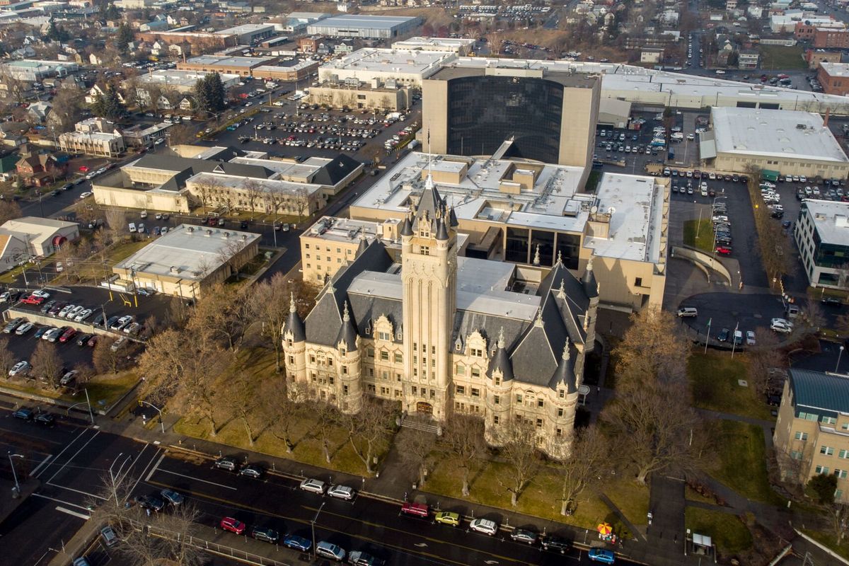 The Spokane County Courthouse and Jail are seen in this 2019 aerial photo.  (Jesse Tinsley / The Spokesman-Review)