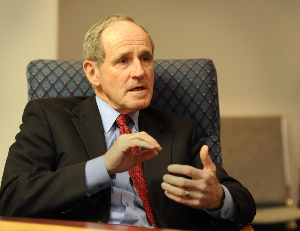 Idaho Senator Jim Risch talks about current topics in the U.S. Senate during a wide-ranging interview Friday, Mar. 8, 2013.  He was sitting at the headquarters of Contractors Northwest.  JESSE TINSLEY jesset@spokesman.com (Jesse Tinsley / The Spokesman-Review)