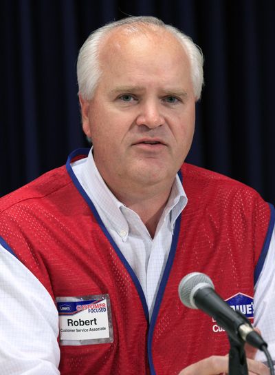 Robert Niblock, chairman and CEO of Lowe’s, attends a news conference in New York on Nov. 8, 2012. (Associated Press)