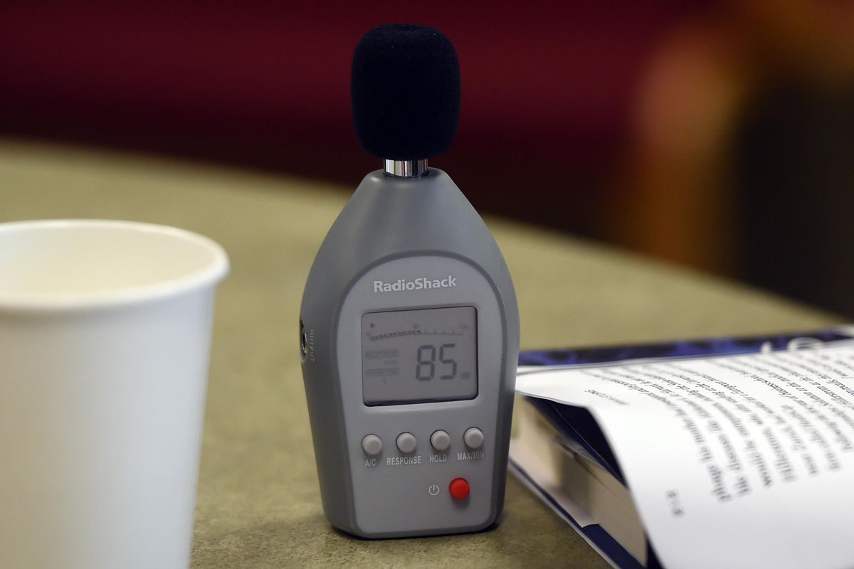 Speech therapists place sound pressure level meters around the table during a speech therapy group for Parkinson's disease patients, Thursday, March 24, 2016, at the WSU-Spokane Riverpoint campus. Parkinson's sufferers have trouble projecting volume and reading with inflection, so repetitive practice helps them retain normal speech patterns. (Jesse Tinsley / The Spokesman-Review)