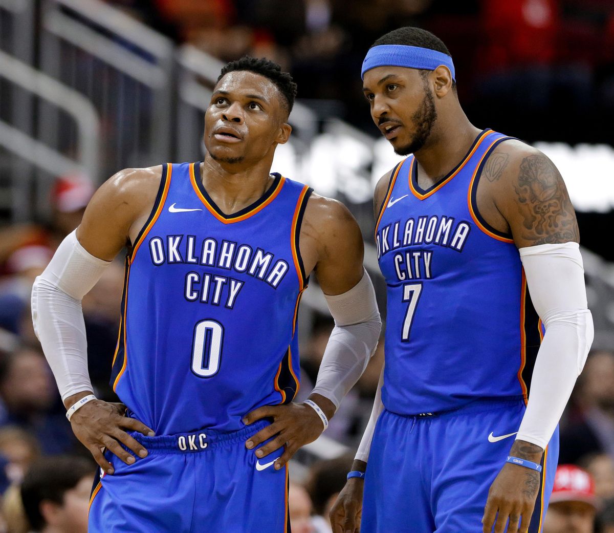 In this Saturday, April 7, 2018 file photo, Oklahoma City Thunder guard Russell Westbrook (0) and forward Carmelo Anthony (7) talk during the second half of the team’s NBA basketball game against the Houston Rockets in Houston. Anthony has been the No. 1 option for whatever team he has played on during most of his basketball career. He knew that wasn’t going to be the case when he arrived in Oklahoma City, though it’s safe to say things haven’t gone as he expected when he signed up to be part the league’s next Big Three. (Michael Wyke / Associated Press)