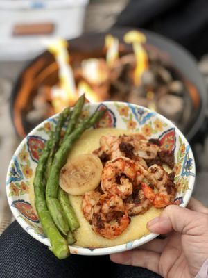 Shrimp and grits is a Southern staple that's on our regular rotation of favorite meals made in the tiny RV kitchen. (Leslie Kelly)