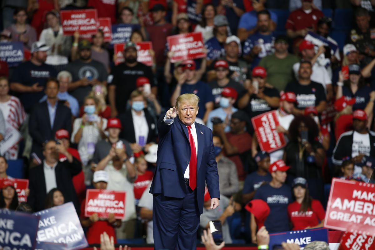 FILE - In this June 20, 2020, file photo, President Donald Trump speaks during a campaign rally at the BOK Center in Tulsa, Okla. The coronavirus pandemic isn