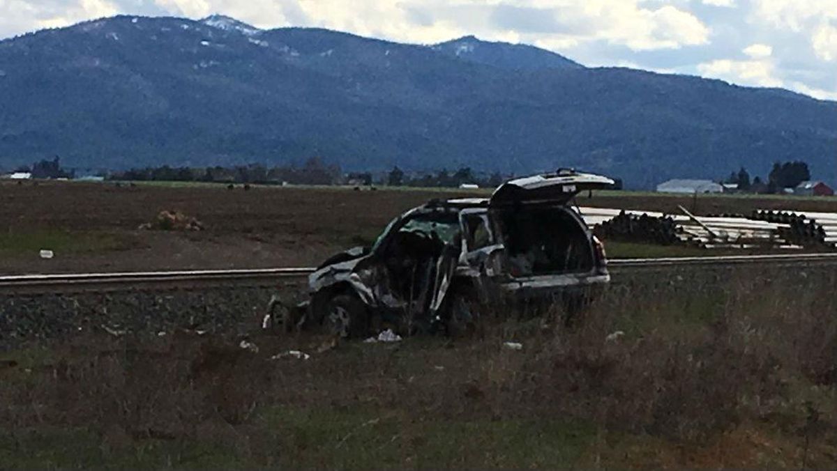 Two North Idaho teens were in this car when it was struck by a train on the Rathdrum Prairie on Thursday, April 13, 2017. (Courtesy of KHQ)