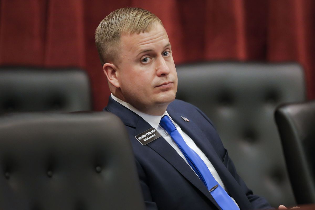 Idaho Rep. Aaron von Ehlinger, R-Lewiston, listens April 28 as an alleged victim, identified as Jane Doe, offers testimony during an ethics committee hearing.  (Darin Oswald/Idaho Statesman)