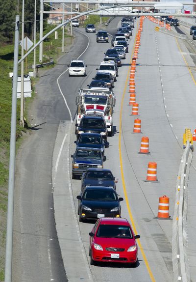 Traffic on westbound Interstate 90 in downtown Spokane was backed up last week during road work. (Colin Mulvany)