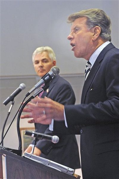 Democratic candidate for governor Keith Allred, left, and incumbent Idaho Gov. C.L. Butch Otter debate issues presented by the City Club of Idaho Falls during their first debate Thursday, Aug. 19, 2010 in Idaho Falls, Idaho (AP Photo / The Post Register/Robert Bower)