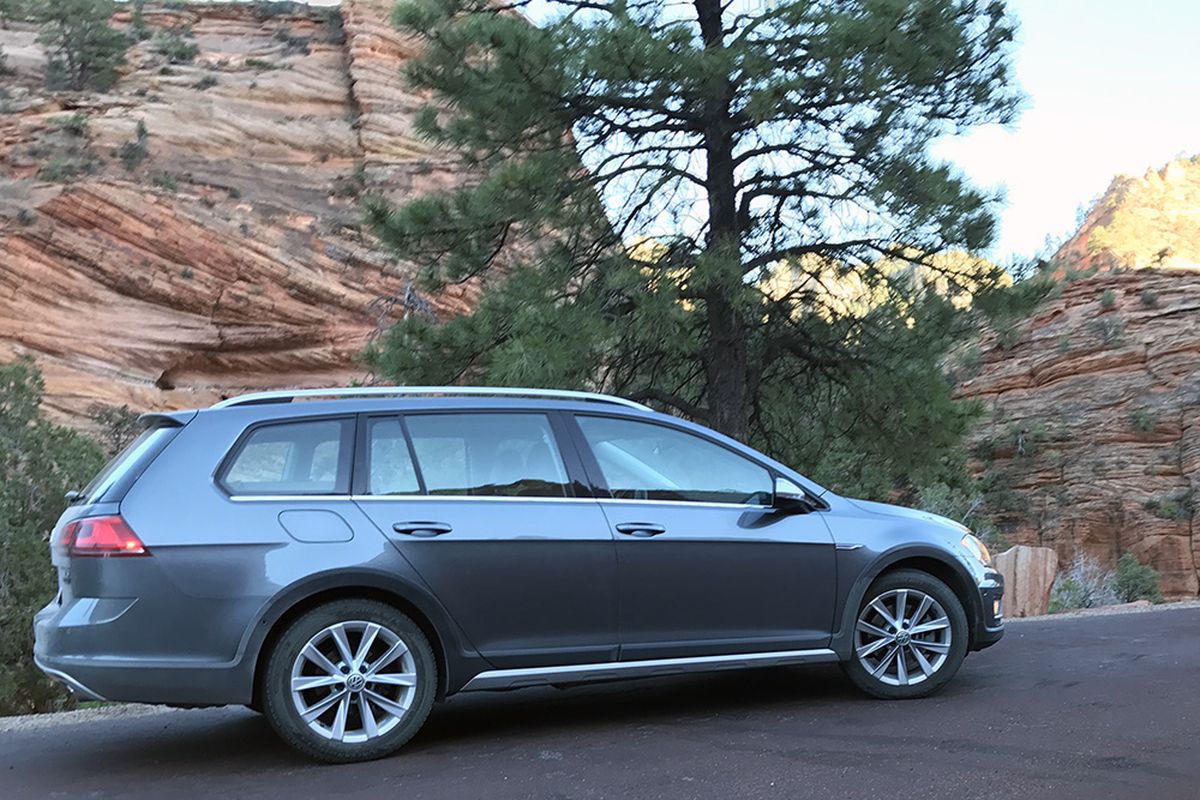 The all-new Alltrack is based on VW’s compact Golf. It’s a near-twin of the Golf SportWagen, but with standard AWD and an elevated ride height (6.9 inches versus the Sportwagen’s 5.5 inches). (Volkswagen)
