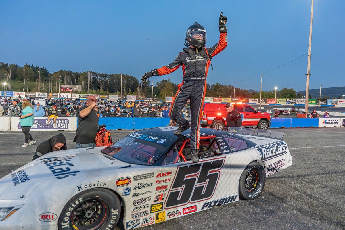 Haedon Plybon of Mead celebrates a Mark Galloway 150 victory at Evergreen Speedway. (Courtesy of Chris White)