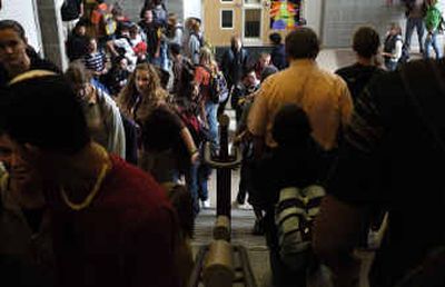 
University High students mill in the hallway on their way to class. U-Hi is over capacity, with 1,800 students.
 (Holly Pickett / The Spokesman-Review)