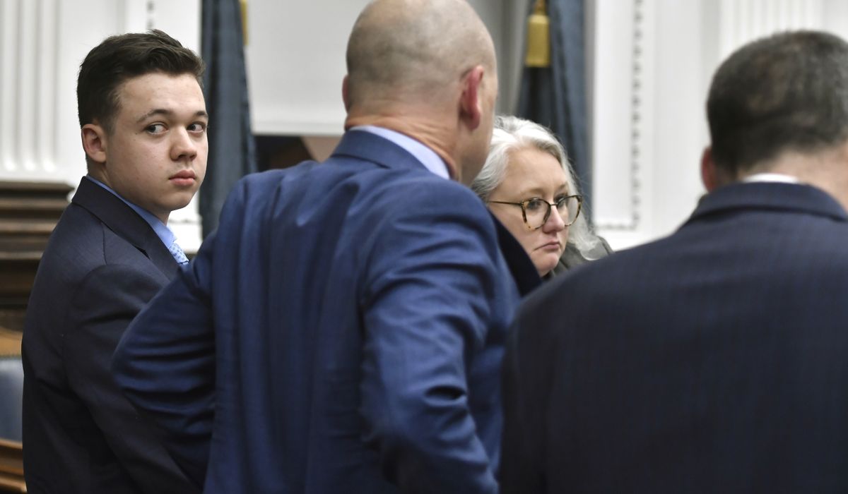 Kyle Rittenhouse looks back before going on a break during his trail at the Kenosha County Courthouse in Kenosha, Wis., on Monday, Nov. 15, 2021.  (Sean Krajacic)