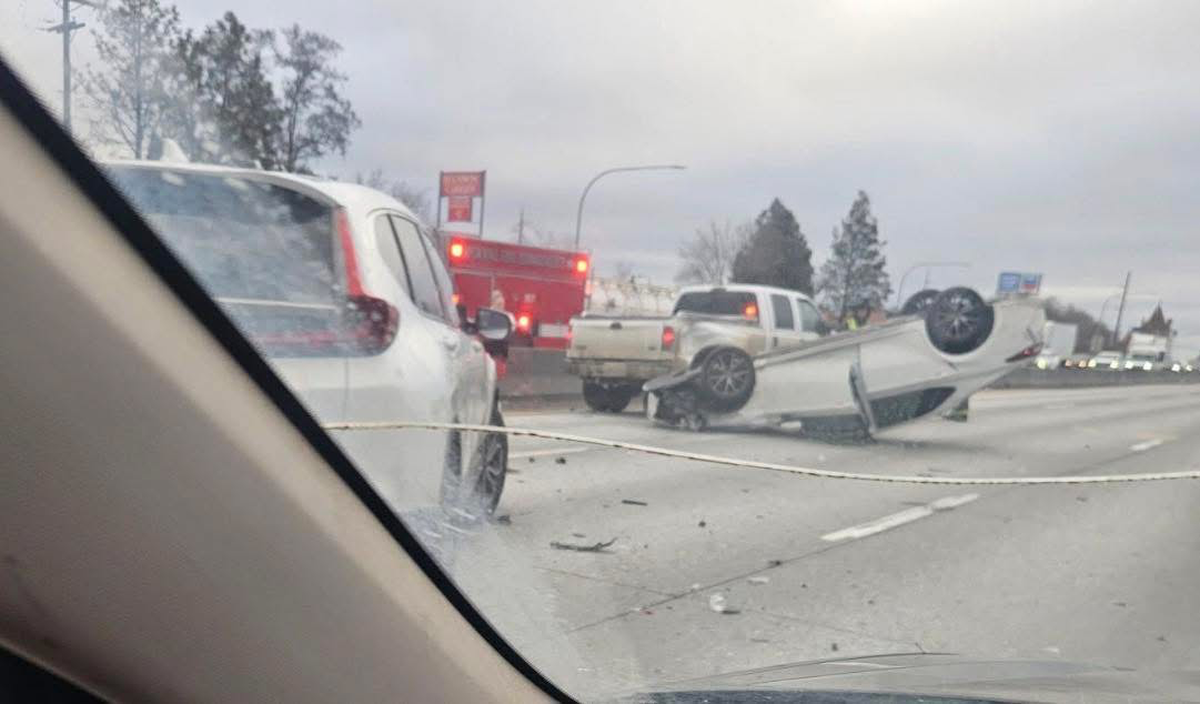 A rollover crash on eastbound I-90 near the Maple Street exit clogged the morning commute in Spokane on Wednesday. A preliminary report from the Washington State Patrol said there were no injuries.  (Mary Beth Donelan/The Spokesman-Review)