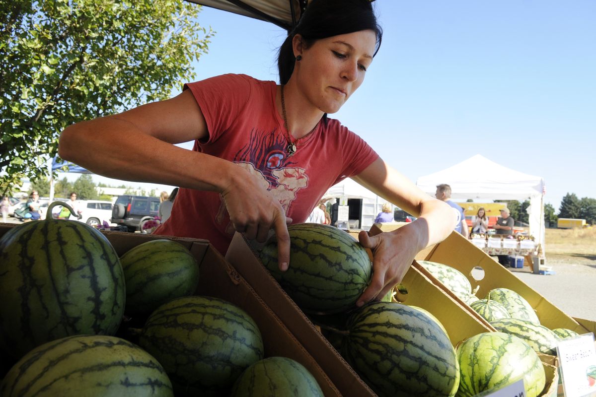 Missy Mitchell, who raises melons on her parents’ farm in Stevens County, replenishes her stock Saturday at the Liberty Lake Farmers Market.  (Jesse Tinsley)