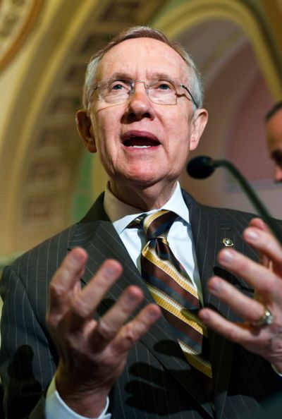 Senate Majority Leader Harry Reid, of Nev., announces to reporters on Capitol Hill in Washington on Tuesday that he and GOP House Speaker John Boehner have reached an agreement to keep the government running for six months when the current budget year ends on Sept. 30. (Associated Press)