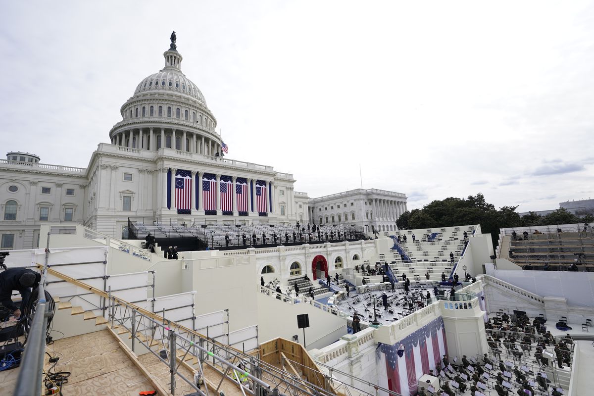 Preparations are made prior to a dress rehearsal for the 59th inaugural ceremony for President-elect Joe Biden and Vice President-elect Kamala Harris on Monday, January 18, 2021 at the U.S. Capitol in Washington. (Carolyn Kaster)
