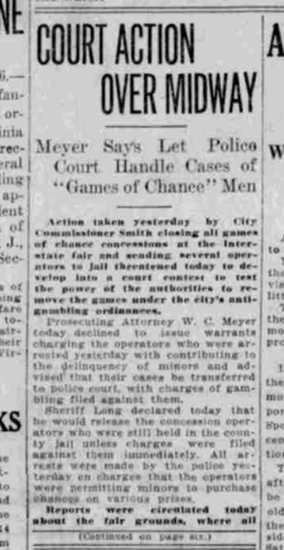 Confusion reined during the Interstate Fair 100 years ago today, as arrests were made for some concessionaires running games of chance at the midway. (S-R archives)