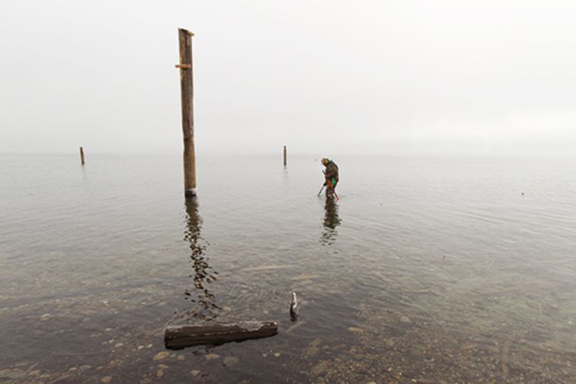 Dennis Rachunok, of Hayden, searches for treasures Monday with his metal detector in Lake Coeur d'Alene. (Shawn Gust/press)