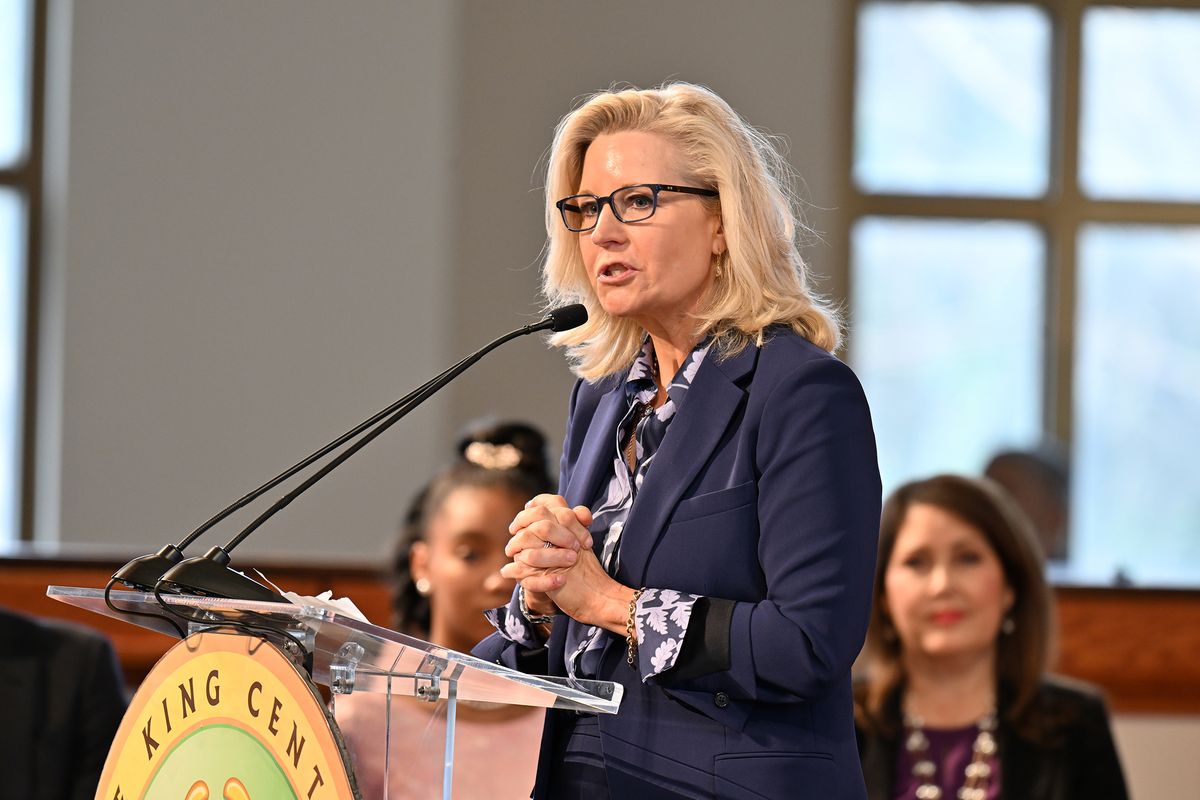 Former U.S. Rep. Liz Cheney speaks onstage during the 2024 Martin Luther King, Jr. Beloved Community Commemorative Service at Ebenezer Baptist Church on Jan. 15 in Atlanta.  (Paras Griffin)