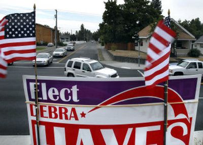 
Judicial candidate Debra Hayes' use of the U.S. flag on campaign signs is being questioned by a candidate for county prosecutor. 
 (Dan Pelle / The Spokesman-Review)