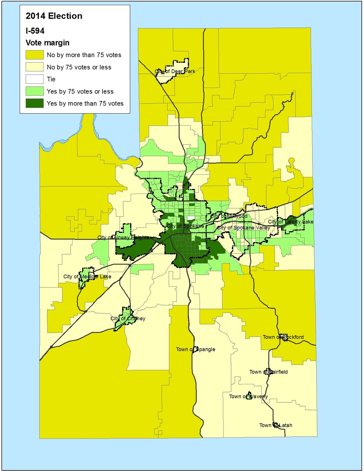 This is a map of the votes on the I-594 gun control measure after the Wednesday night count.  (Jim Camden)