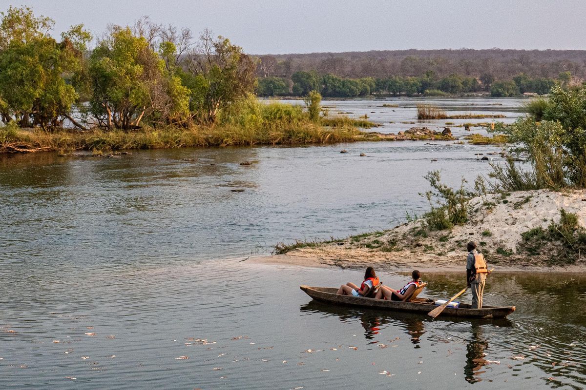 It’s a creek, it’s a lake, no, it’s the super Zambezi River, calm enough above Victoria Falls for Siankaba Resort guests to take in a leisurely mokoro (canoe) ride among the islands of Siankaba resort, on the Zambezi River, Livingston, Zambia. (Steve Haggerty / TNS)